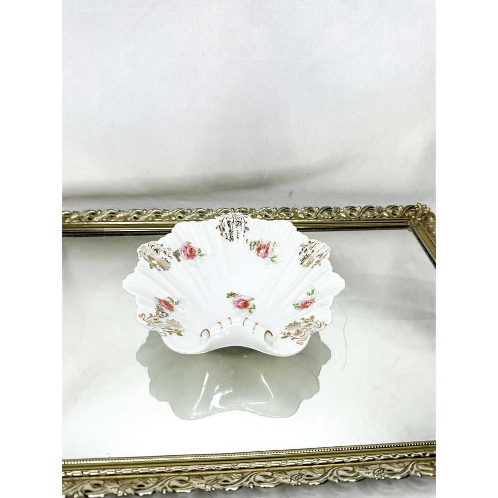 Antique Clam Shell Serving Bowl Tray with Rose Details, Germany, Decorative